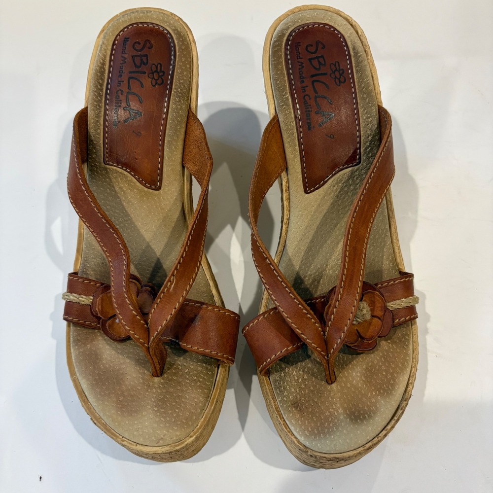 Sbicca Brown Leather Floral Wedge Sandals Hand Made In California Womens Size 9